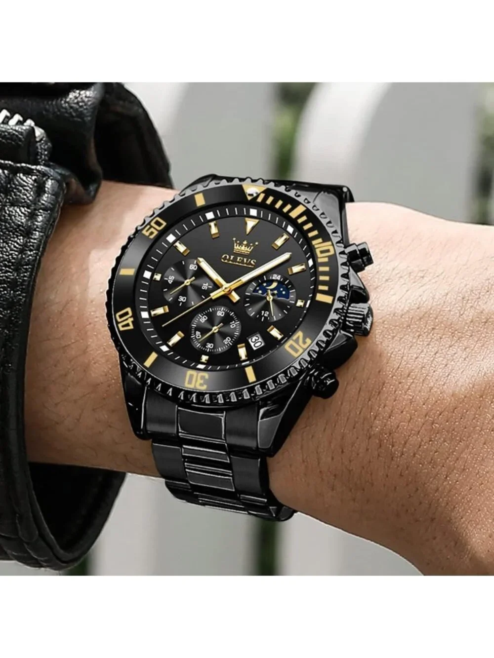 Men's All Black Premium Solid Stainless Analog Rotatable Bezel Round Steel Watch